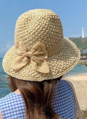 法式编织草帽女夏季海边度假遮阳防晒渔夫帽大帽檐蝴蝶结太阳帽