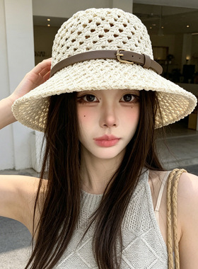 镂空大檐透气盆帽夏季遮阳防晒草编渔夫帽海边度假显脸小水桶帽子