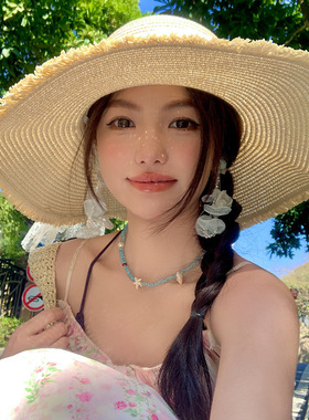 蕾丝蝴蝶结大帽檐沙滩草帽女春新款海边遮阳防晒太阳帽子潮