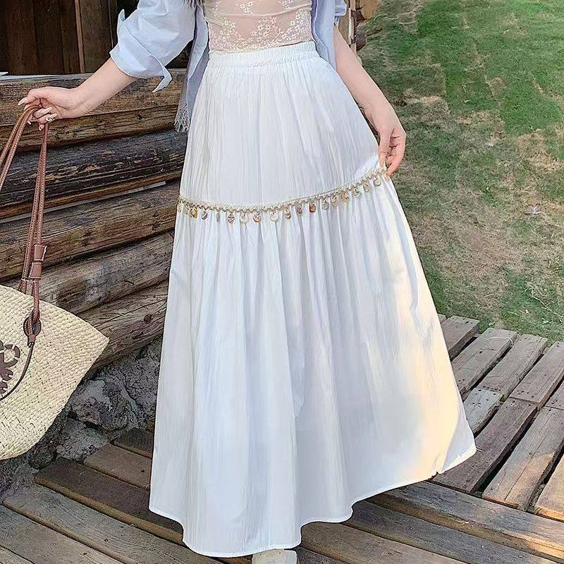 波西米亚风白色A字半身裙女2026秋冬新款高腰显瘦松紧腰压褶长裙,女装/女士精品,半身裙,淘宝优惠券,粉丝福利购,淘宝优惠卷