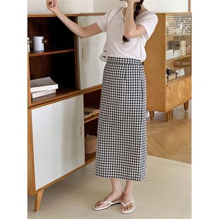 法式甜美风格子A字半身裙女2026新款高腰显瘦中长裙拼接裙子外穿