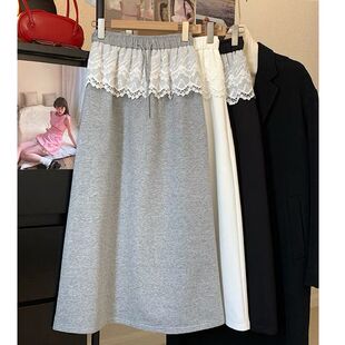 甜美蕾丝拼接A字半身裙女2026夏季新款松紧腰百搭中长款灰色裙子