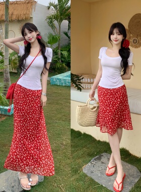 韩系复古红色碎花半身裙女夏季新款小个子气质显瘦高腰a字包臀裙