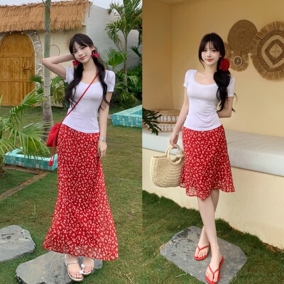 韩系复古红色碎花半身裙