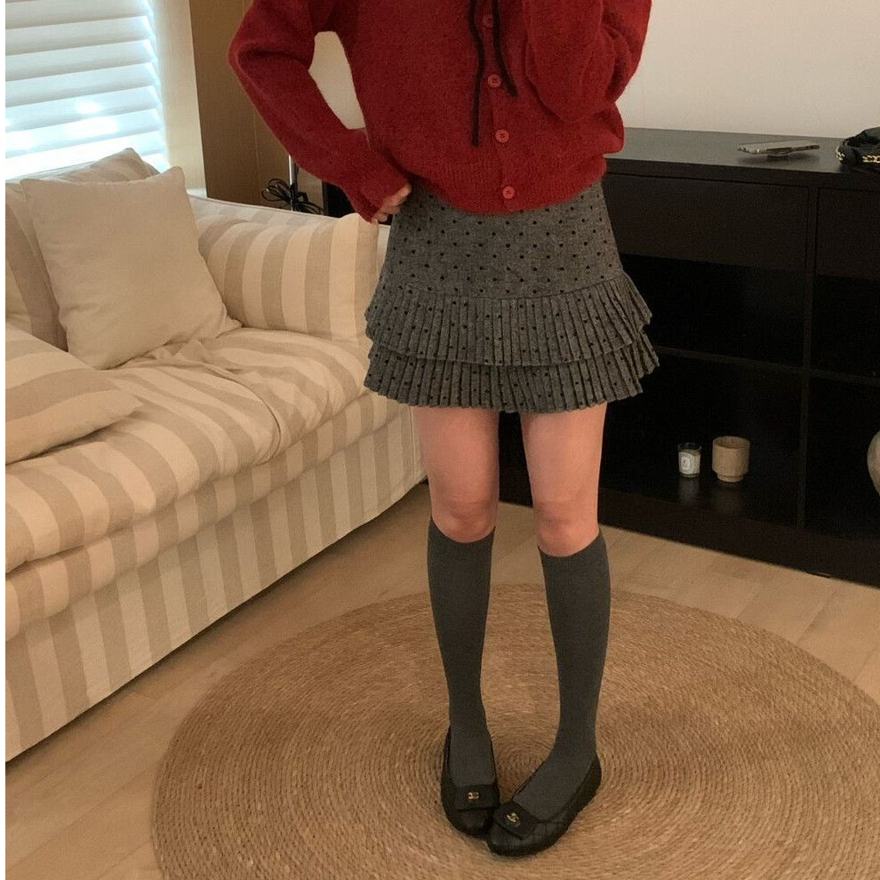 甜美风灰色波点百褶半身裙女秋冬新款高腰A字蛋糕裙显瘦压褶短裙,女装/女士精品,半身裙,淘宝优惠券,粉丝福利购,淘宝优惠卷