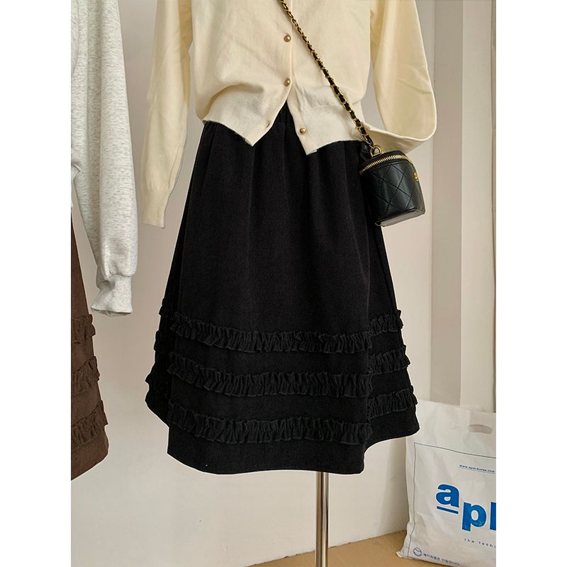 木耳边拼接甜美风中裙女冬季2025年新款韩版休闲百搭松紧腰半身裙