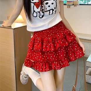 红色波点蛋糕裙半身裙女夏新款高腰显瘦a字半裙辣妹百褶裙短裙子