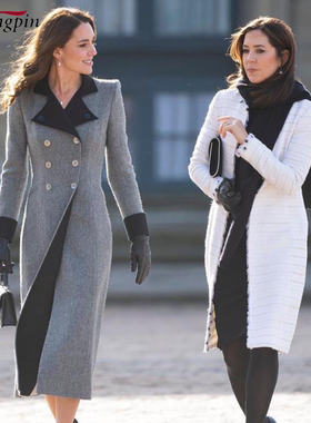 灰色羊绒大衣女hainaya秋冬气质轻奢羊绒拼色修腰翻领风衣长外套