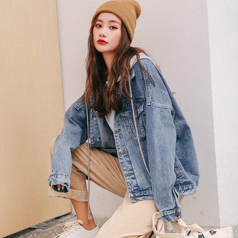 小清新牛仔外套女宽松学生韩版bf2020春秋新款短款连帽牛仔衣上衣
