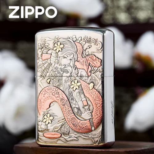zippo打火机正品白铜套壳蛇女刀女艺伎浮雕镶嵌美女收藏男士防风
