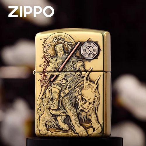 zippo之宝打火机正品黄铜盔甲浮雕八卦闻太师闻仲男士收藏防风