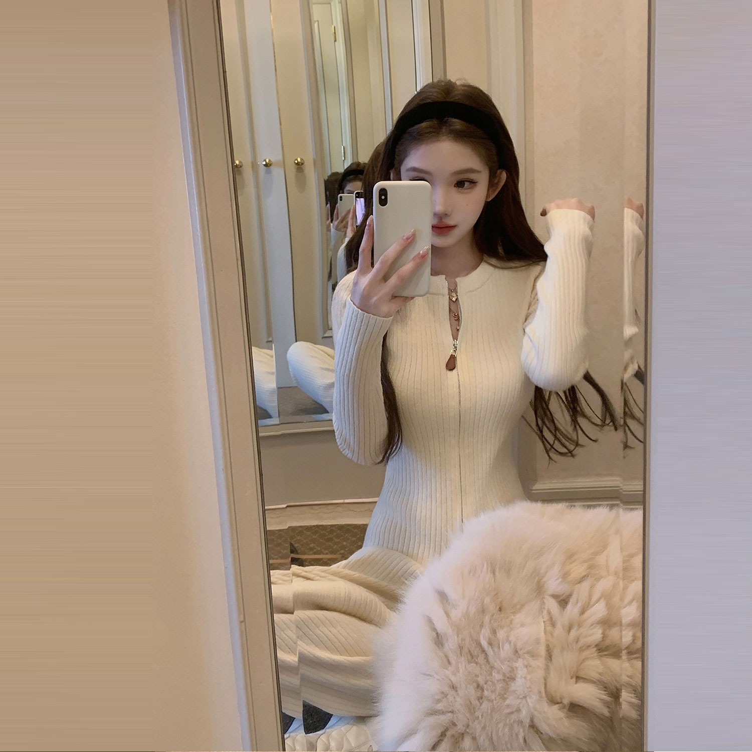 毛衣套装女秋季韩系长袖拉链针织衫开衫上衣高腰休闲直筒裤两件套