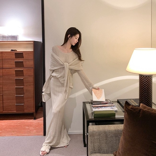 长袖 秋季 上衣显瘦披肩高腰包臀半身裙女 名媛风针织一整套套装 法式