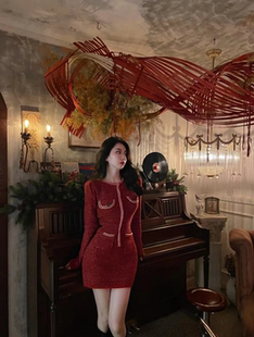 气质名媛秋冬新款 小香风连衣裙女 包臀裙子红色过年战袍高级感长袖