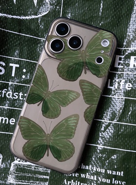 绿色油画蝴蝶适用iPhone17Promax苹果16小米15华为mate80vivox300软OPPOReno15红米k90手机壳iQOO12全包13Pro