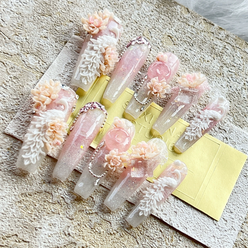 花间雀影纯手工穿戴甲粉白猫眼白孔雀粉钻牡丹美甲成品反复可拆卸