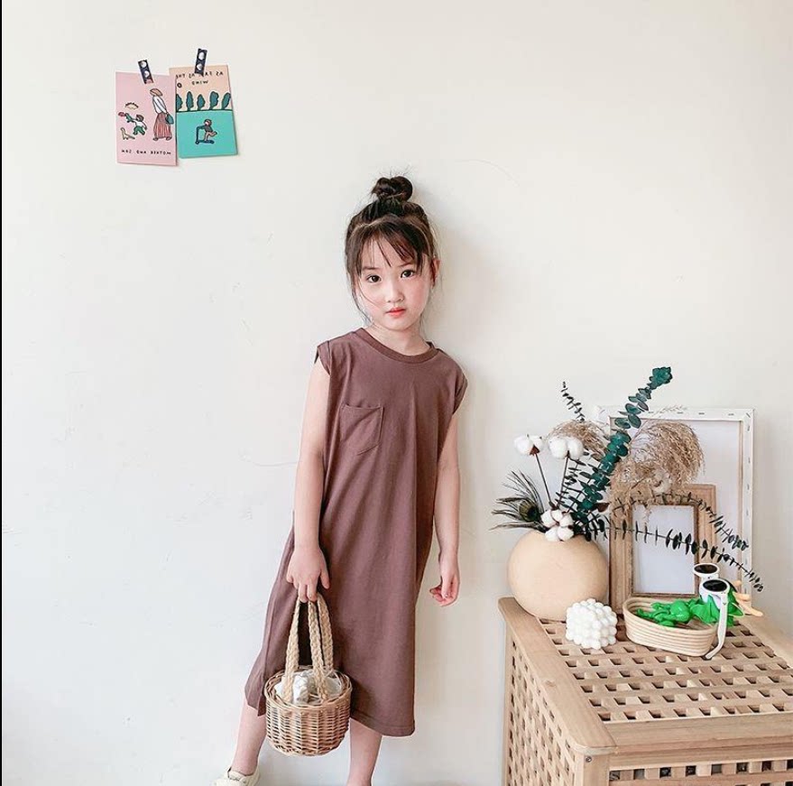 2020夏季韩国女童宝宝休闲简约宽松洋气女孩无袖中长款t恤连衣裙