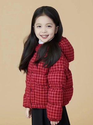 2025新款儿童千鸟格植绒加厚短款鹅绒羽绒服亲子冬装外套过年服