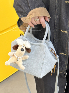 韩国荔枝纹手提蓝色包包女式2025新款单肩斜挎包高级感百搭水桶包