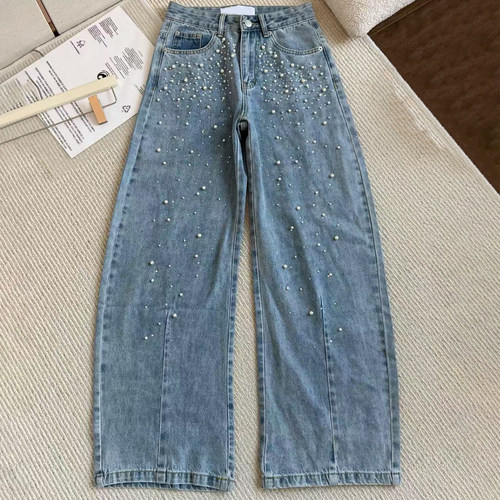 ann*烫钻珍珠做旧弯刀牛仔裤女