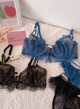 日本PJ魅惑天使性感黑色蕾丝睫毛有钢圈文胸蜜桃透视胸罩内衣套装
