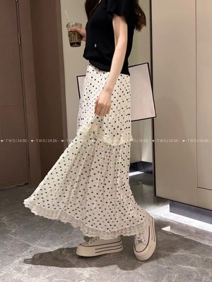 YAYA韩国代购2024夏季新款高腰波点蕾丝拼接设计感半身裙气质长裙