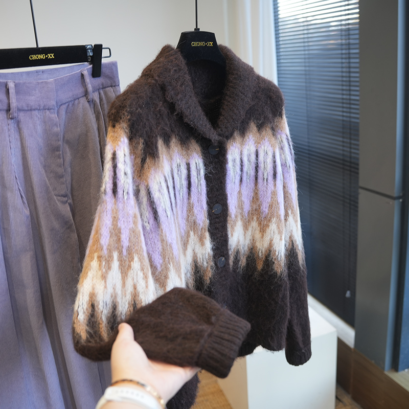 虫小小费尔岛马海毛翻领针织开衫