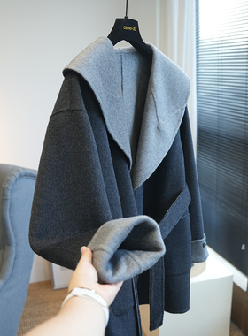 福利款 羊绒羊毛大翻领双面呢系带呢大衣女中长款毛呢外套冬A77Q