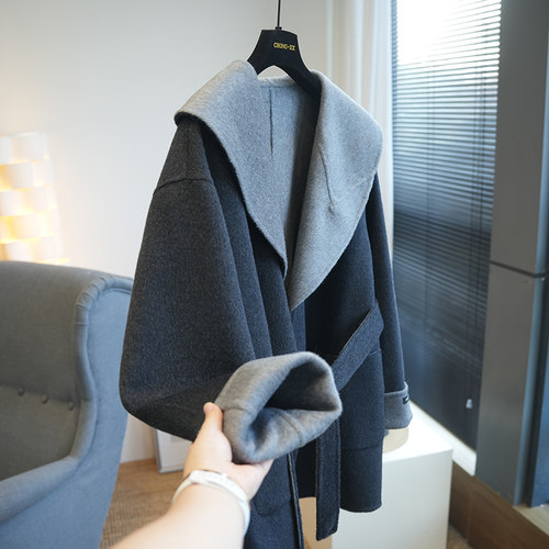 虫小小羊绒羊毛大翻领系带呢大衣