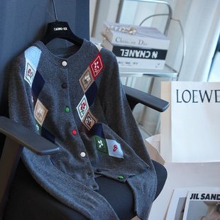 A87E 女毛衣秋冬季 虫小小 复古格雷系羊绒羊毛菱格提花针织开衫