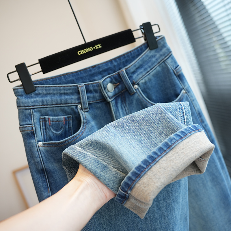 虫小小四面弹高腰窄版直筒牛仔裤