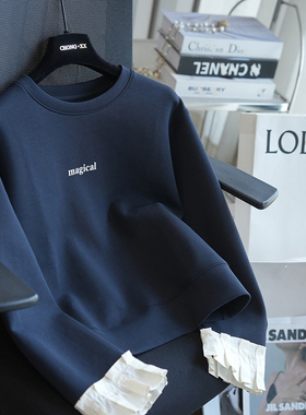 虫小小 春季新款韩系圆领宽松落肩拼接袖短款卫衣女上衣外套A102T