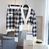 气质格纹时尚 套装 纯羊毛长袖 清仓 开衫 半身裙女秋冬新647H