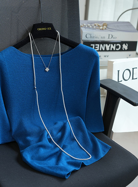 虫小小 无缝一体18针扬子精纺60支全羊毛一字领针织衫上衣女A32C