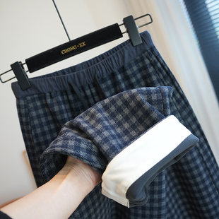 女休闲毛呢长裤 加绒加厚格纹高腰宽松直筒阔腿裤 A82F 新款 2025冬季