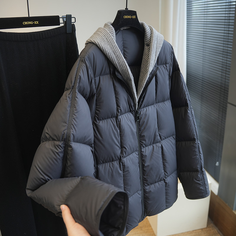 可拆卸针织连帽！90白鸭绒方格宽松假两件羽绒服女短款外套冬A90F,女装/女士精品,羽绒服,淘宝优惠券,粉丝福利购,淘宝优惠卷