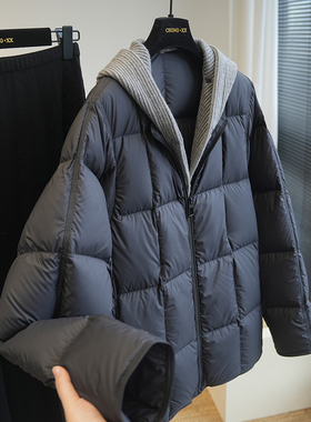 可拆卸针织连帽！90白鸭绒方格宽松假两件羽绒服女短款外套冬A90F