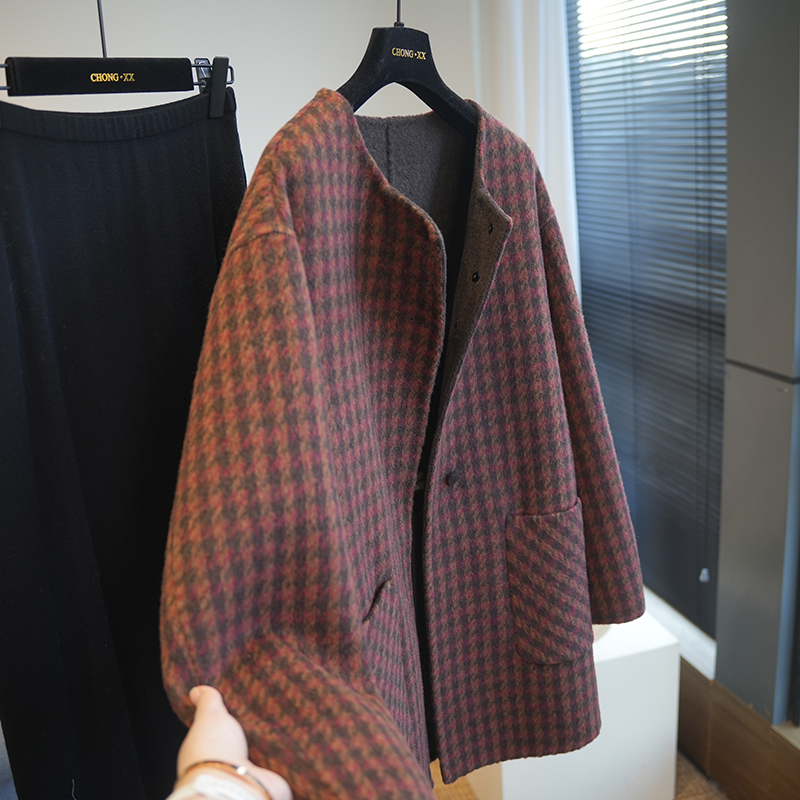 虫小小绵羊毛千鸟格双面呢大衣