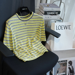 T恤女上衣2026春夏新款 针织衫 A110A 亚麻条纹卷边圆领短袖 虫小小