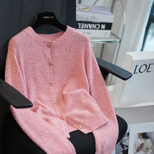 虫小小 宝石花型扣全羊毛点子纱针织开衫女内搭毛衣外套秋冬A71G