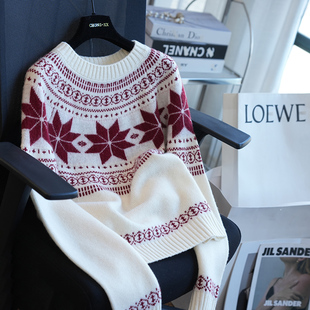 虫小小 女毛衣内搭秋冬A87A 圣诞雪花绵羊毛费尔岛提花针织打底衫