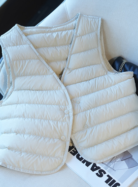 虫小小 90白鸭绒V领横格保暖叠穿轻薄羽绒马甲女内搭背心秋冬A74R
