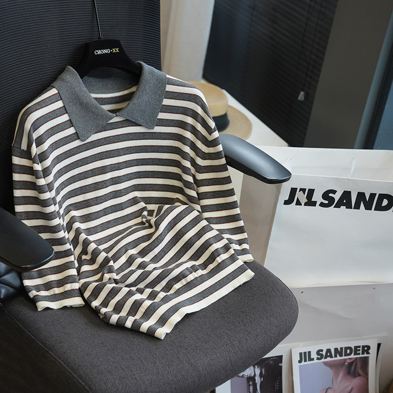 虫小小 老钱风撞色条纹polo针织衫女短袖T恤上衣内搭春新款A100E,女装/女士精品,毛针织衫,淘宝优惠券,粉丝福利购,淘宝优惠卷