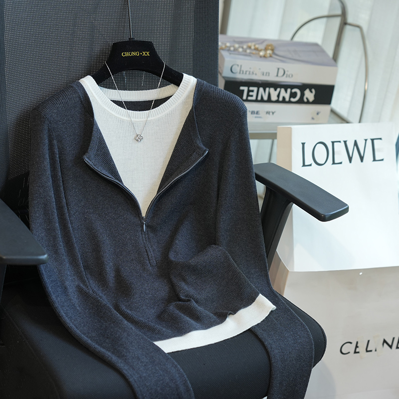 虫小小100羊毛半拉链假两件毛衣