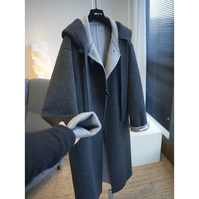 虫小小全羊毛连帽长款呢大衣冬