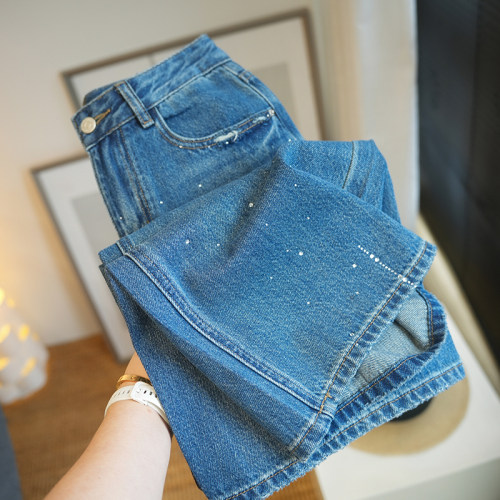 虫小小烫钻高腰直筒阔腿牛仔裤