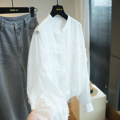 虫小小立体抽褶蕾丝花边天丝衬衫