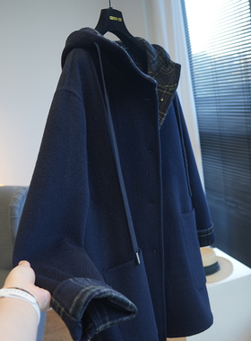 虫小小 羊绒羊毛连帽格纹双面呢中长款大衣女呢子外套秋冬季A75K