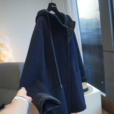 虫小小羊绒羊毛连帽格纹呢大衣