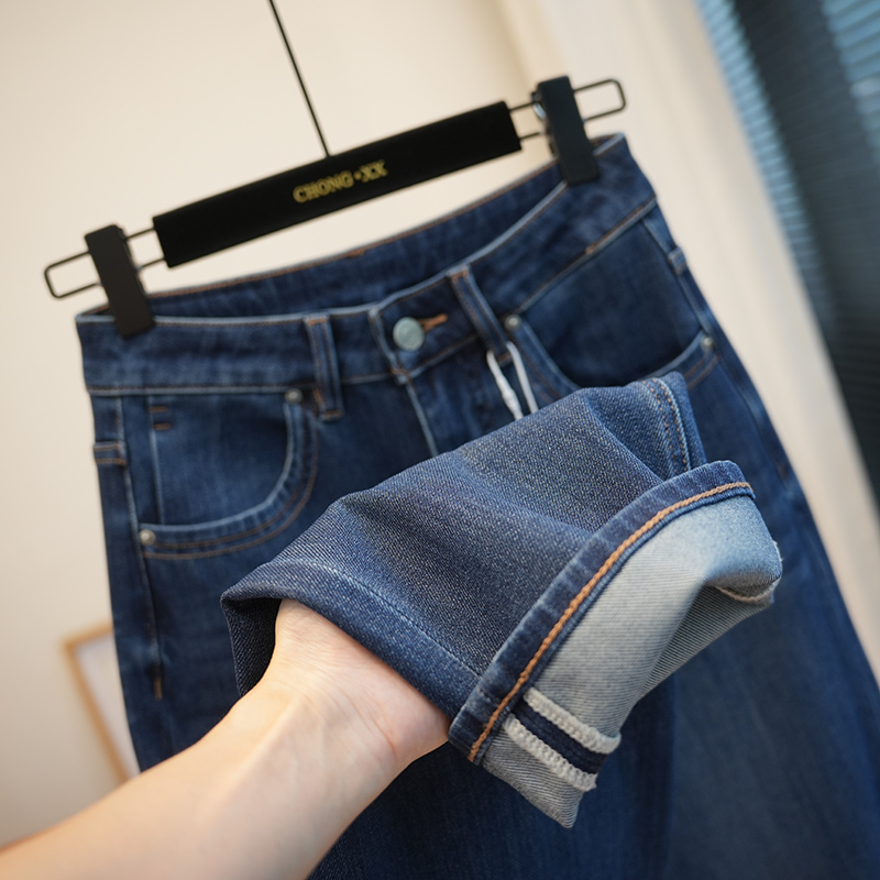 虫小小四面弹高腰窄版直筒牛仔裤